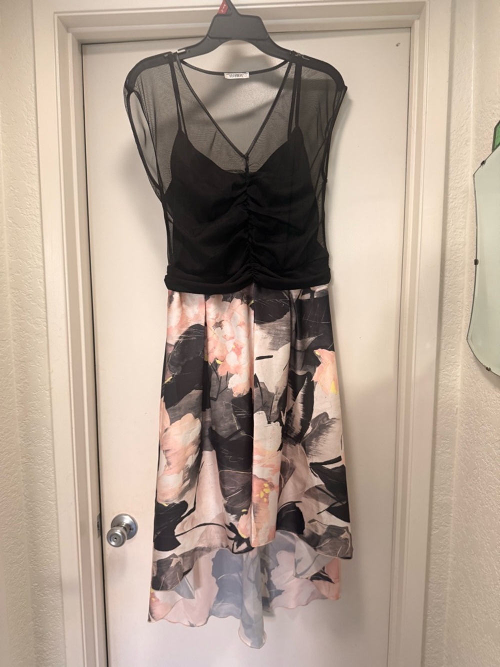 Made in Italy Mesh Illusion‎ Floral Dress Ruched Bodice High Low Hem